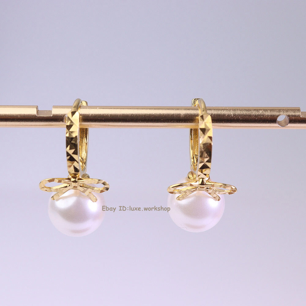 Gold Plated 925 Sterling Silver Mother of Pearl Bow Knot Hoop Drop Earrings