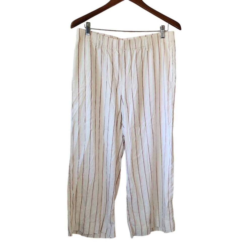 J. Jill Pinstripe Linen Blend Stretch Crop Pull On Coastal Pants medium
