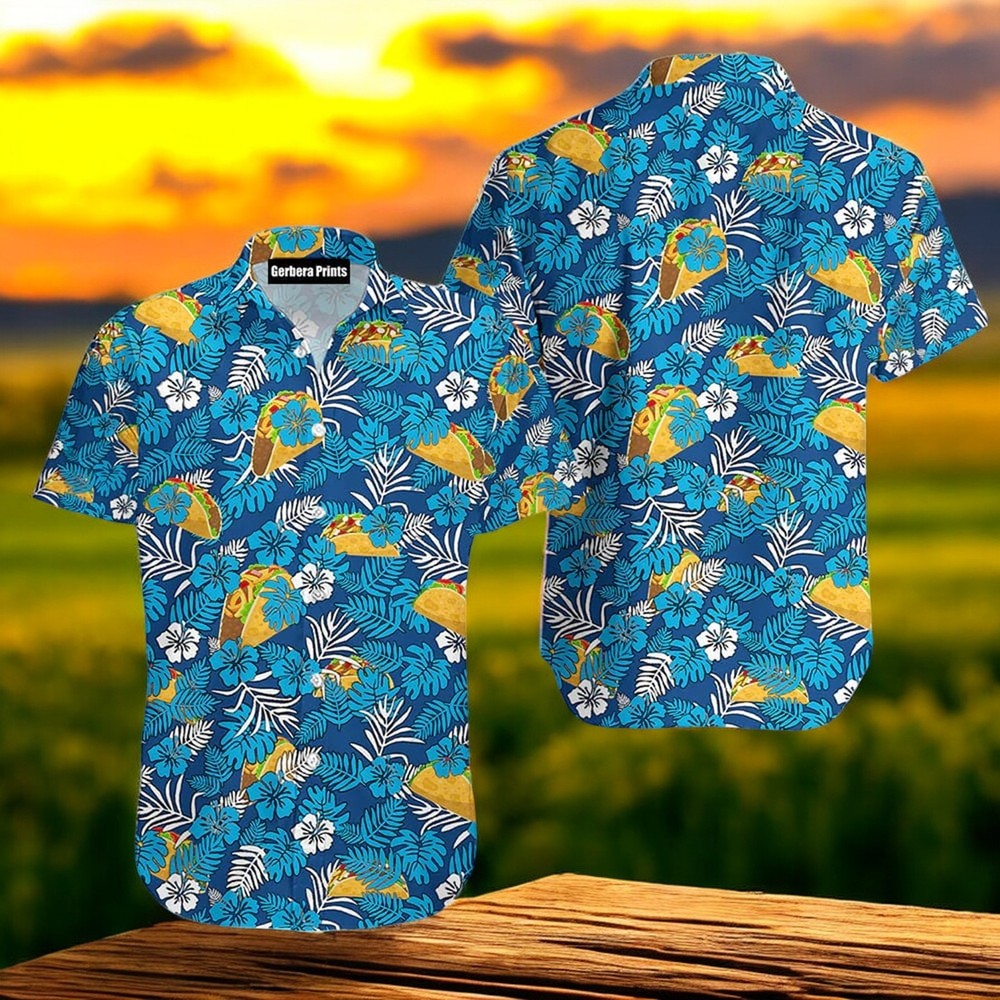 Mexican Taco Tropical Blue Hawaiian Shirt Short Sleeve Summer Beach Size S - 5XL