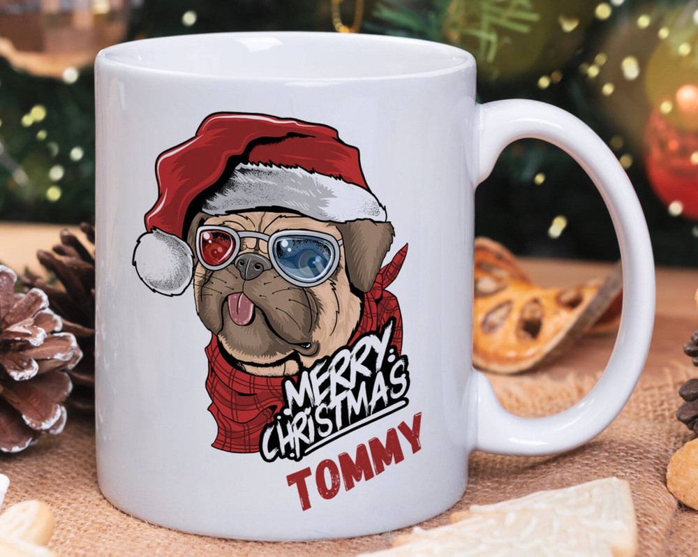 Personalised Christmas Pug Mug with Merry Christmas Design