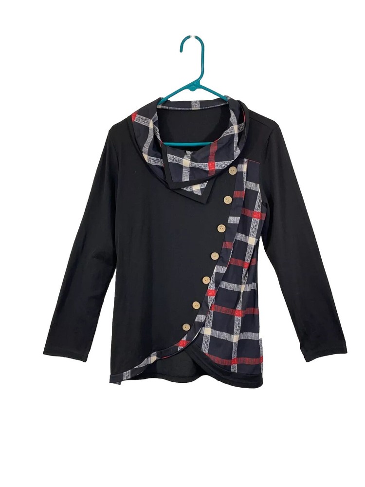 Womens Black Plaid Regular Fit Long Sleeve Button Front Blouse Top Size Large