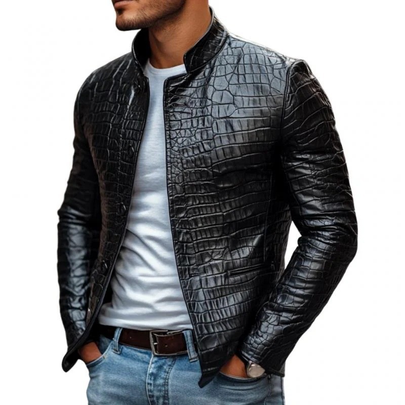 Men’s Designer Black Crocodile Pattern 100% Real Leather Luxury Jacket Coat