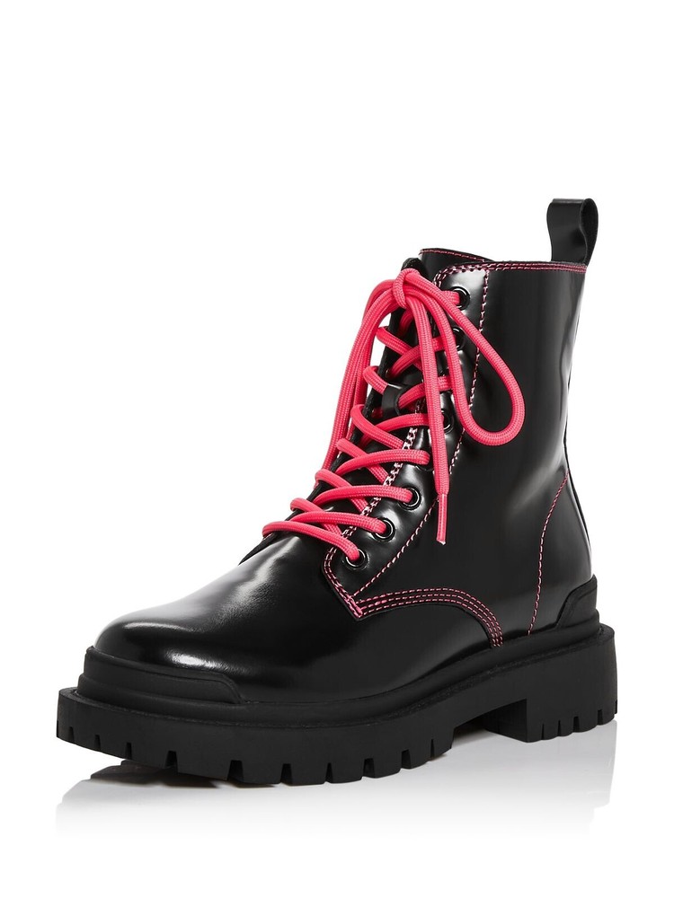 AQUA Womens Black Pull Tab Quinn Round Toe Block Heel Leather Combat Boots 5.5 M