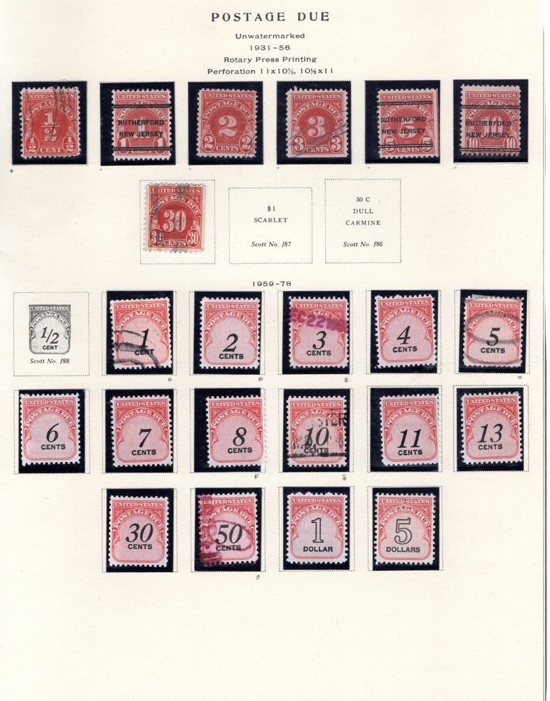 US Stamp Collection - Postage Due stamps on 2 album pages (D546)