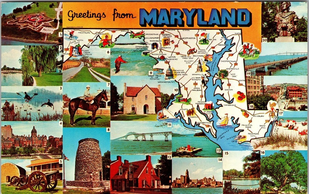 MD-Maryland, Scenic Map Greetings, Landmarks, Vintage Postcard