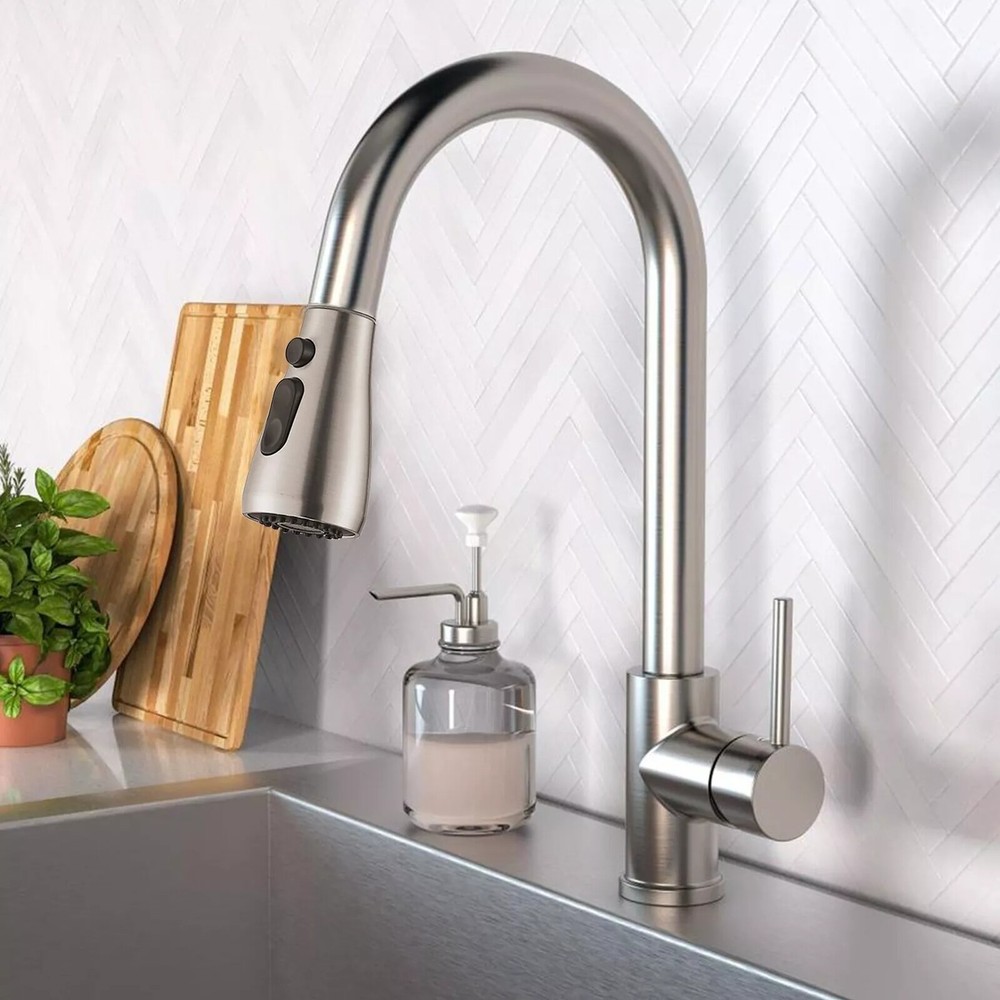 One-Handle Kitchen Sink Faucet with Pull Down Sprayer Brushed Nickel Mixer Taps