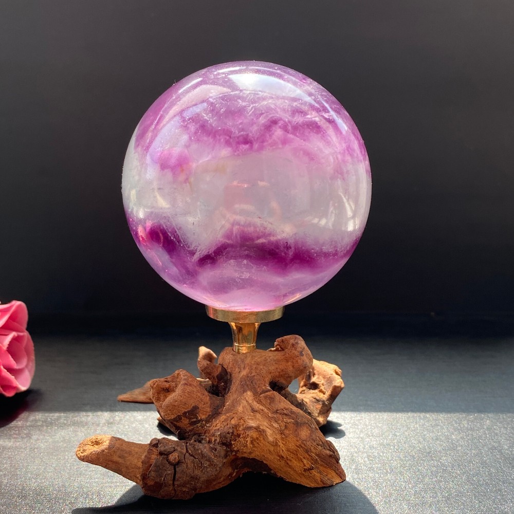 268G Natural Fluorite ball Colorful Quartz Crystal Gemstone Healing + Stand