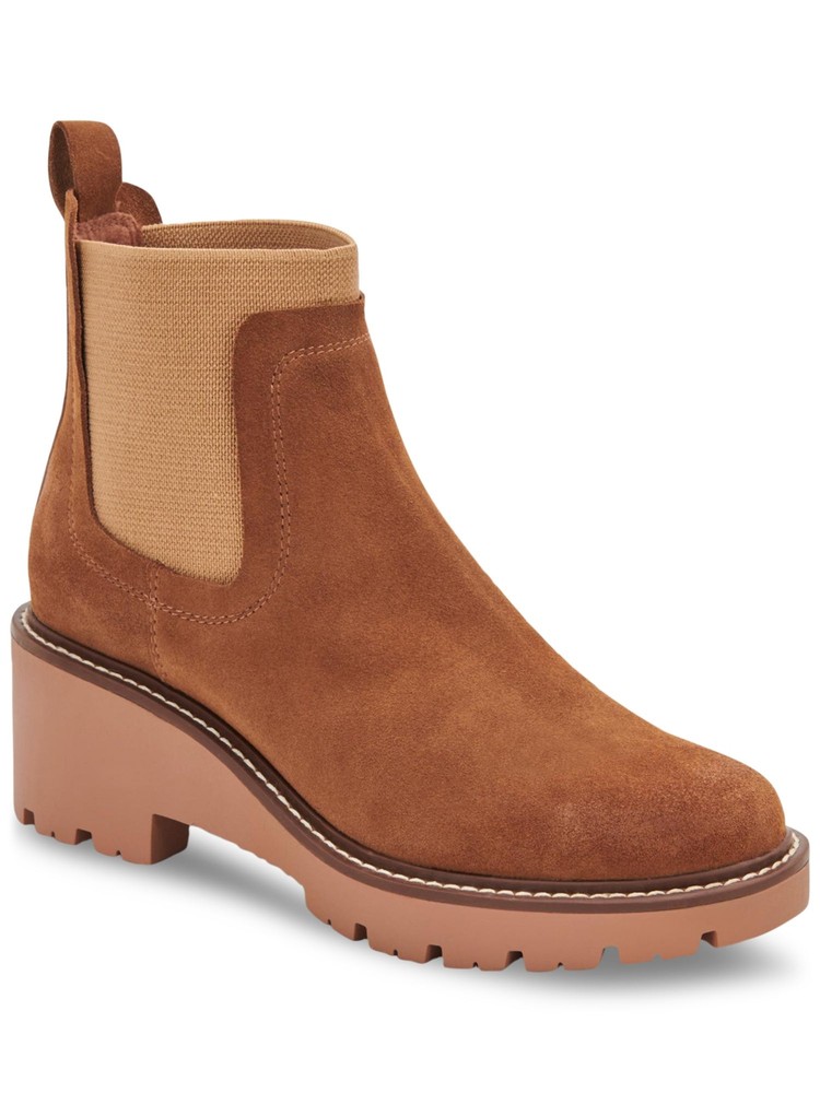 AQUA COLLEGE Womens Brown Chelsea Demi Round Toe Wedge Leather Booties 10 M