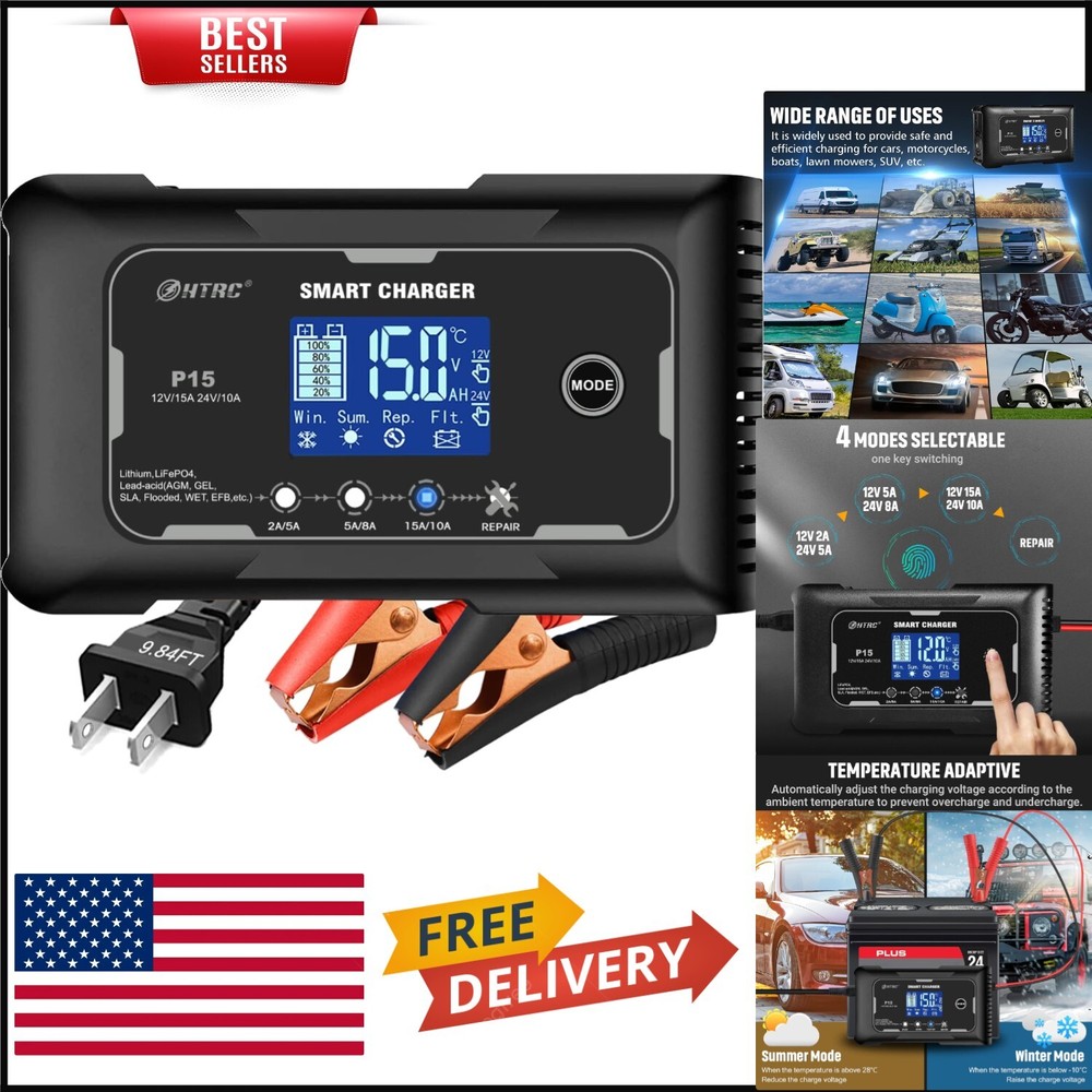 Automated 15-Amp Battery Charger with Repair Function for Lead-Acid and Lithium-image