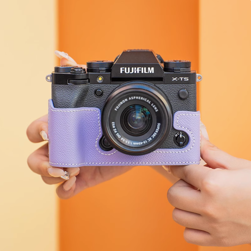 Purple Genuine Real Leather Camera Half Case Bag Cover Handmade For Fujifilm XT5