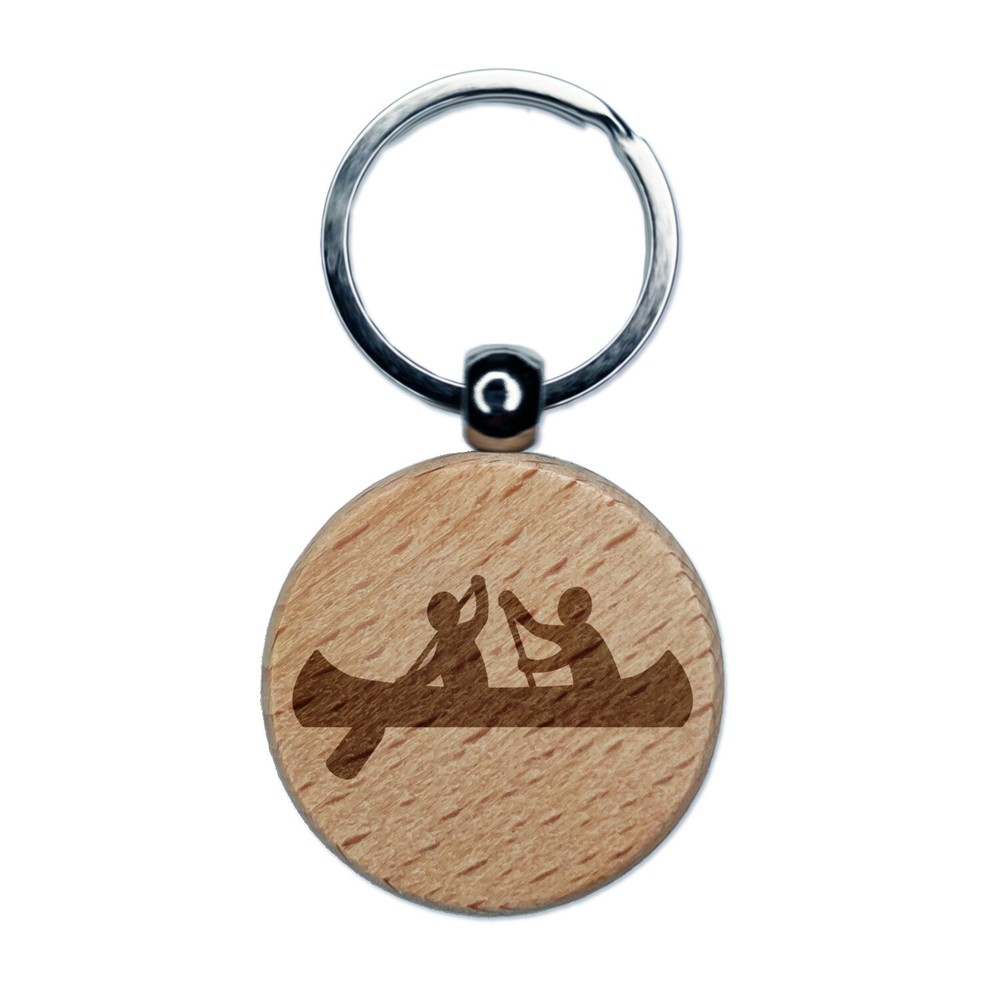 Two Person Canoe Team Water Boat with Paddle Engraved Wood Round Keychain