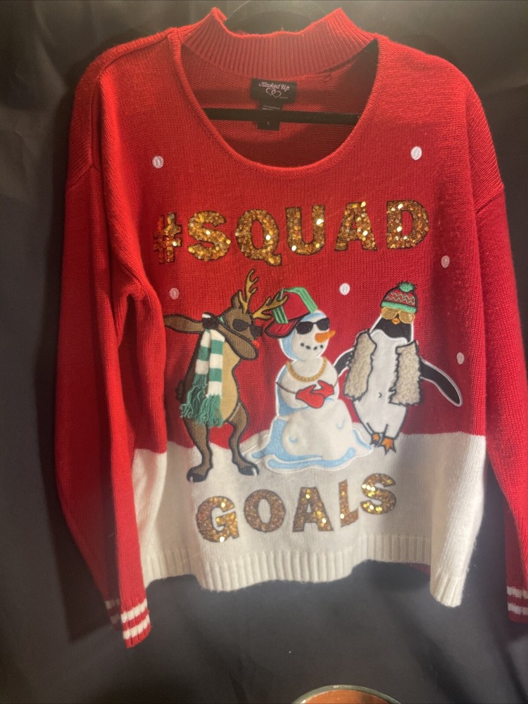 Hooked Up by IOT Junior’s Christmas Squad Goals Keyhole Pullover Sweater Size L-image