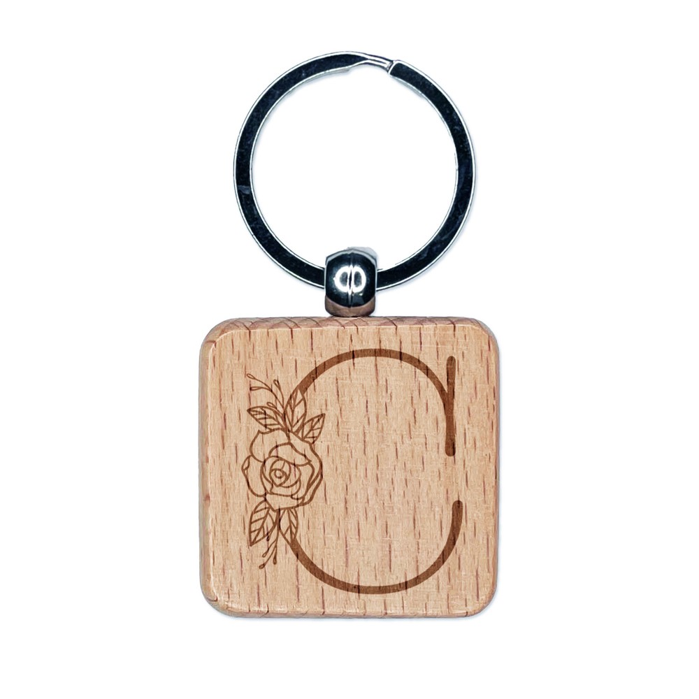 Rose Typewriter Font Wood Keychain with Engraved Capital Letter C