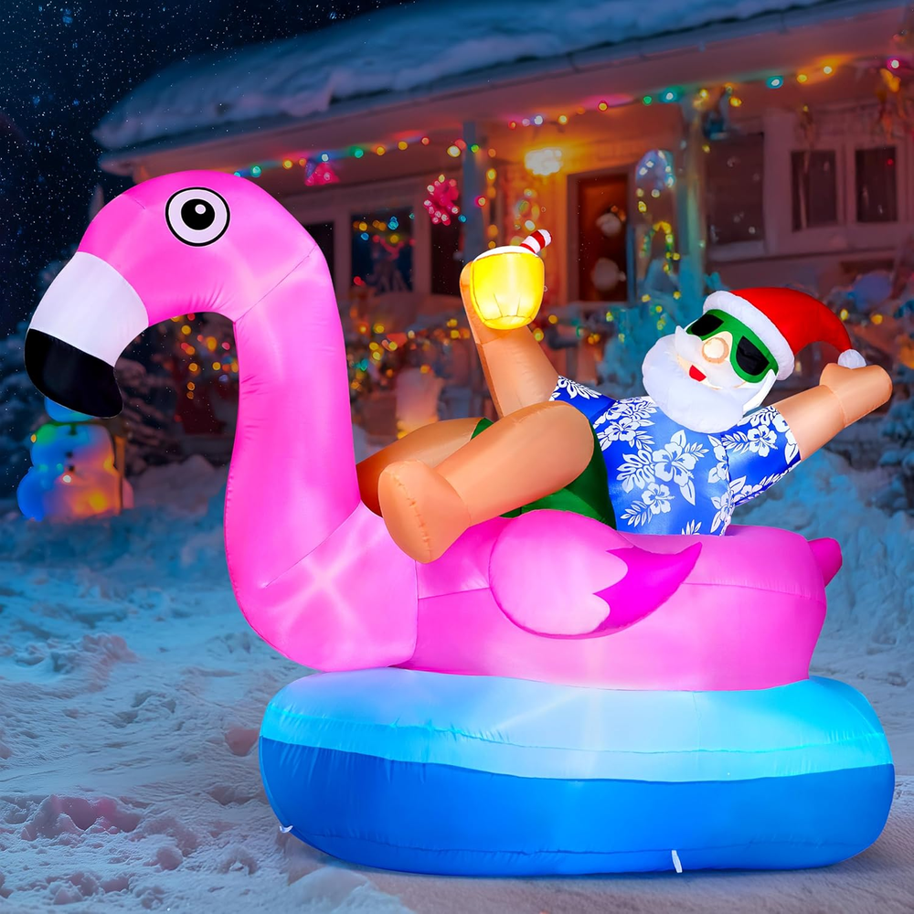 8FT Christmas Inflatables Santa & Pink Flamingo 2025 NEW LED Outdoor Decoration