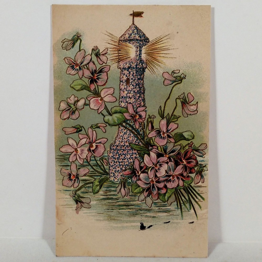 Vintage Embossed Flowered Lighthouse General Greetings Post Card c.1914 Buy Now!-image