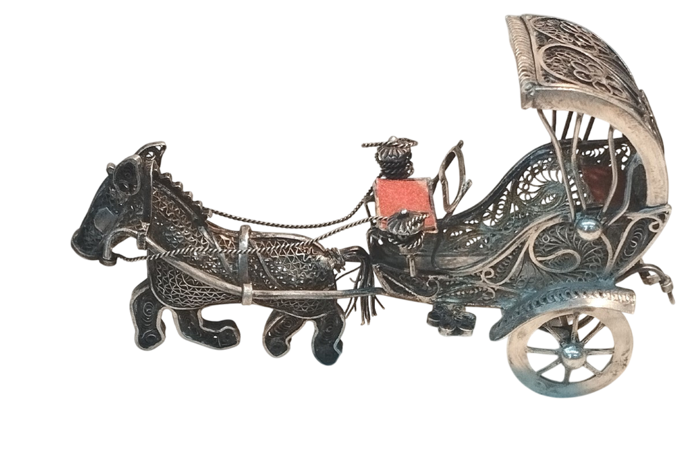 Antique 19th Century Sterling Silver Filigree Horse Carriage Miniature