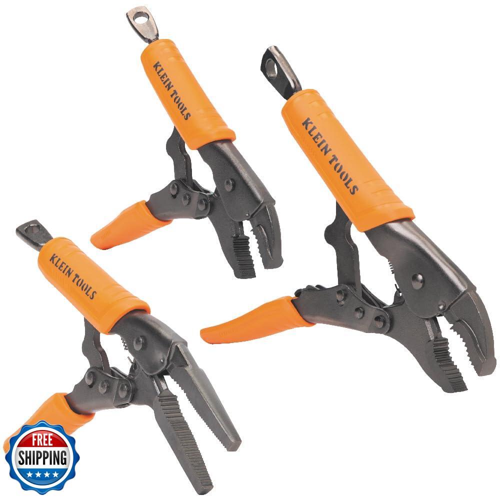 Klein Tools 38665 3-Piece Locking Pliers Set with Long Nose and Curved Jaw 6 7 10-Inch Sizes