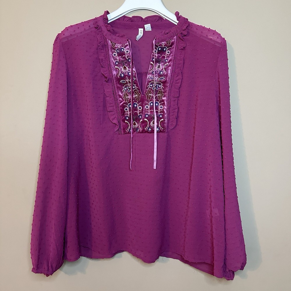 Cottagecore Womens XL Pink Tunic Peasant Top Embroidered Velvet Ruffle Swiss Dot