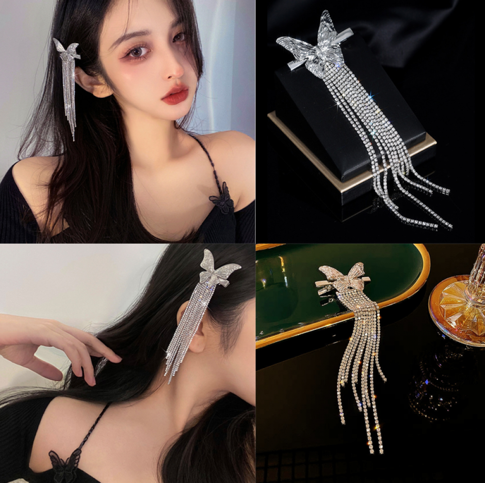 Full Rhinestone Hairpins with Long Tassel for Women - Wedding Crystal Hair Accessories