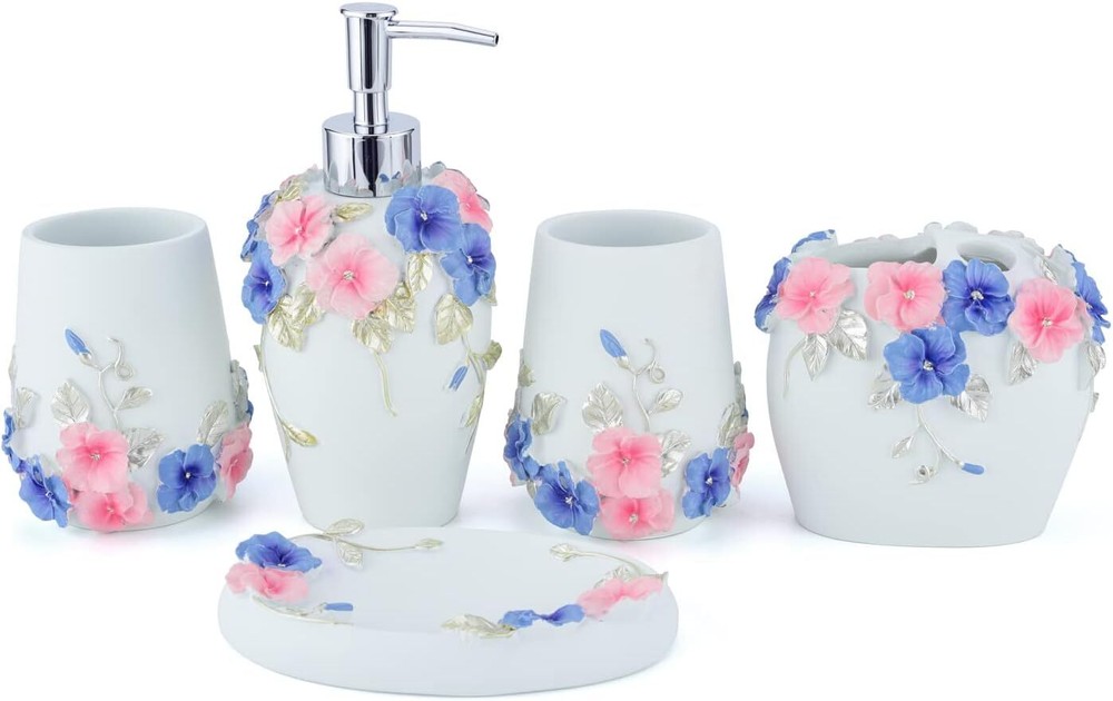 Flower Bathroom Accessories Set Floral Light Green, 5-Piece Resin Green