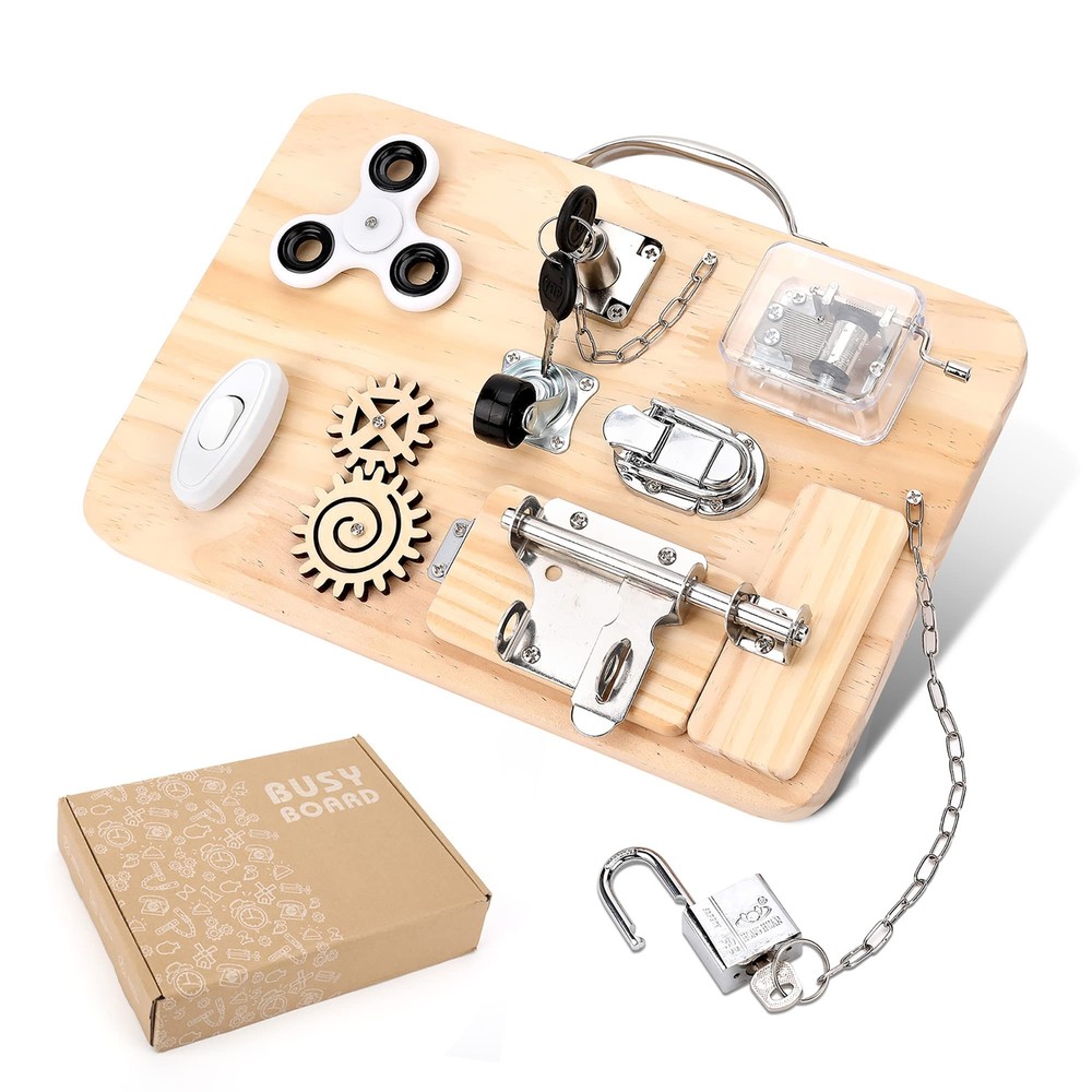 Pithfor Wooden Montessori Toys Busy Board for 1 2 3 4 Year Old Baby Toddler S...