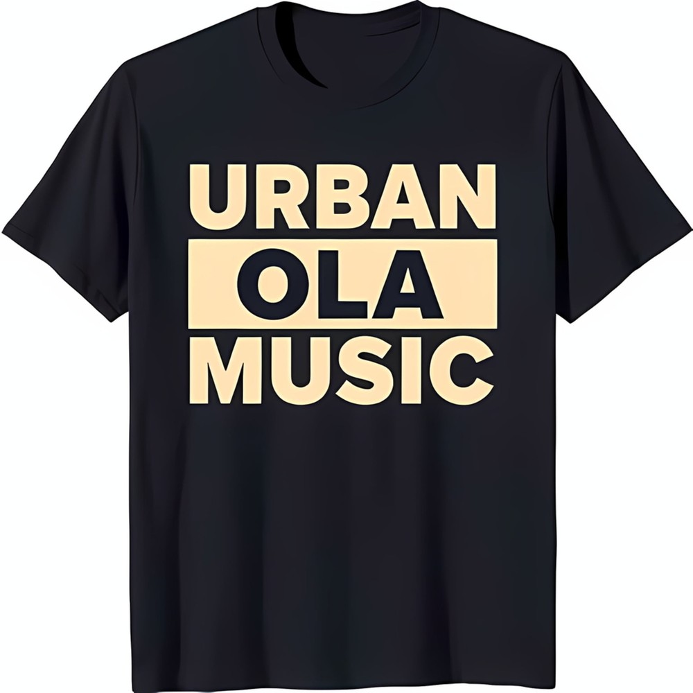 Stylish Black T-Shirt with Bold 'URBAN OLA MUSIC' Design Stack Print