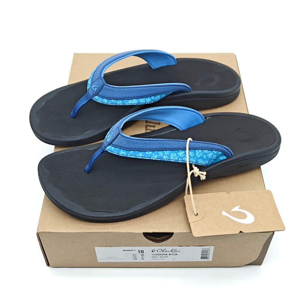 OluKai Womens Ohana Koa Flip Flops Navy Black Beach Sandals Sizes 6-10