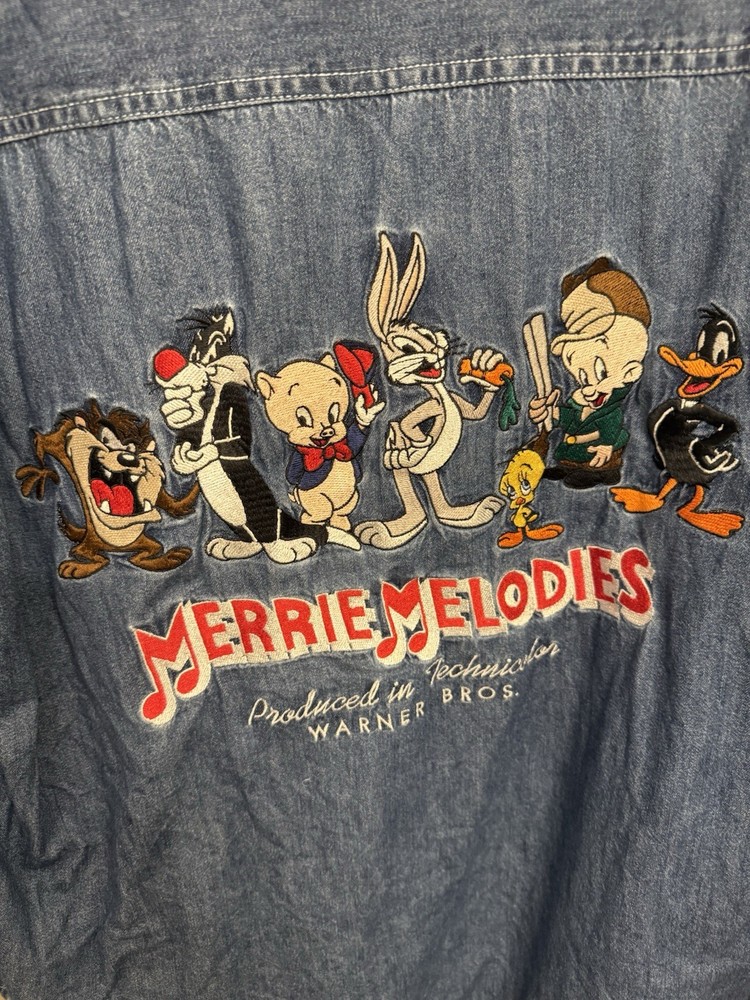 WB Looney Tunes Embroidered Denim Button-Up Shirt Merry Melodies Mens Size Large Blue