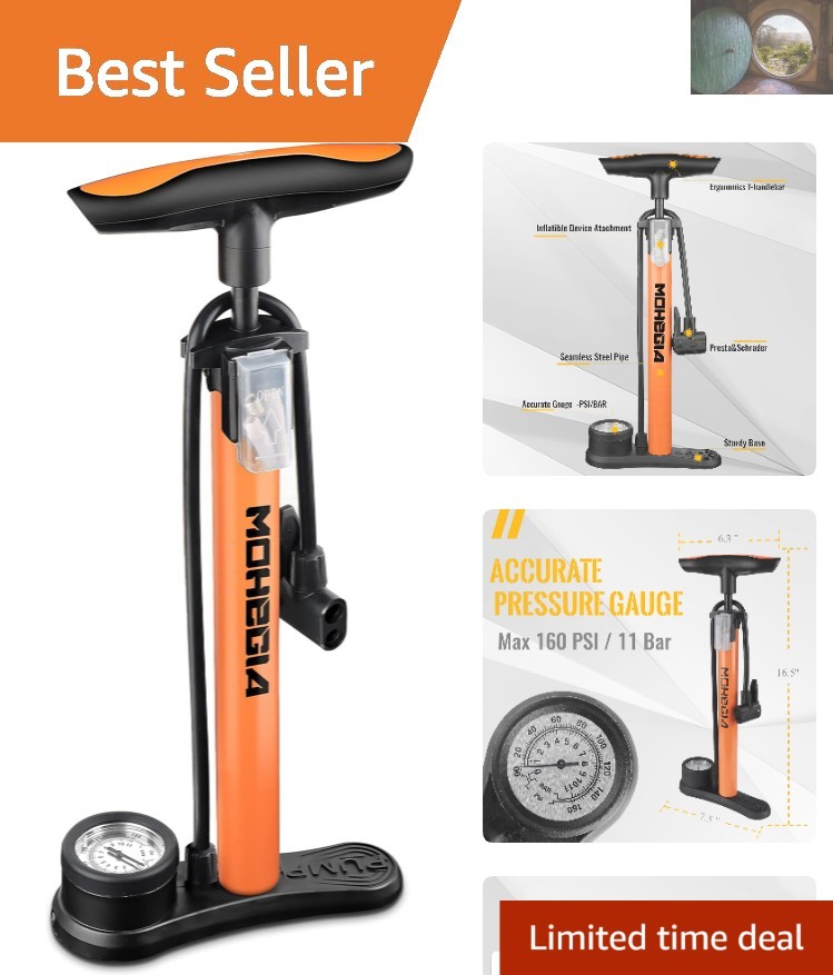 Heavy-Duty Floor Bike Pump with Gauge - Fits Presta & Schrader Valves, 160 PSI