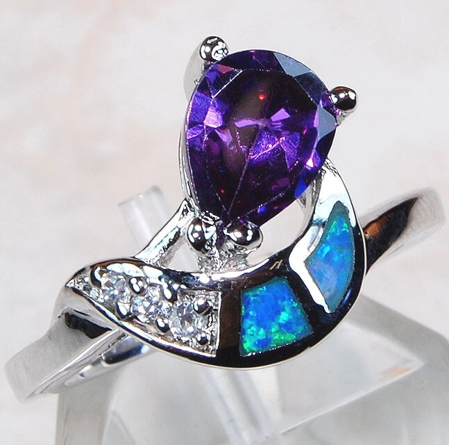 2CT Amethyst Australian Opal Inlay 925 Sterling Silver Ring Size 6 BA4