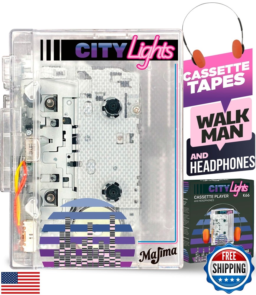 Retro Transparent CityLights Walkman Cassette Player with Wired Headphones