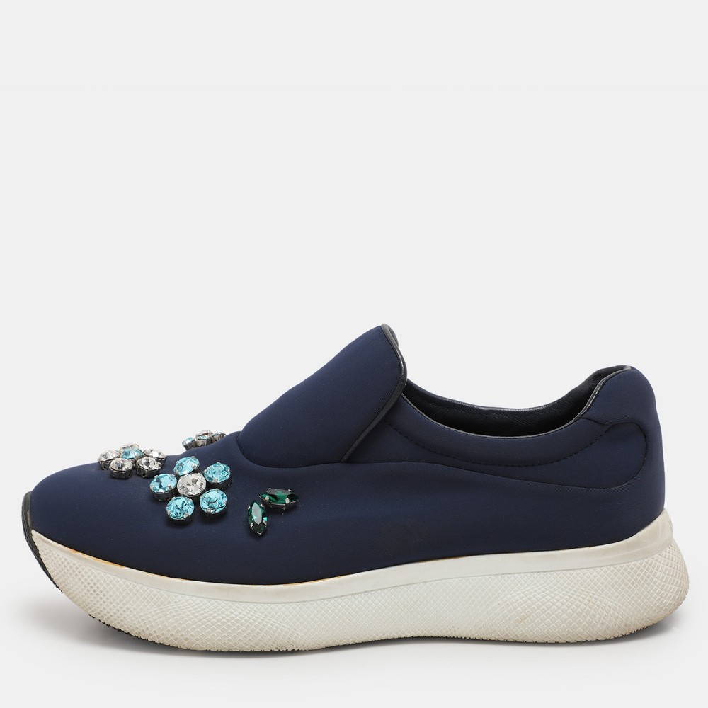 Prada Blue Nylon Catch Me If You Can Crystal Embellished Slip On Sneakers Size