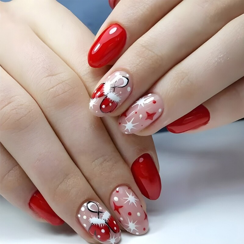 24Pcs Short Almond Christmas False Nails with Gloves Winter Holiday Design