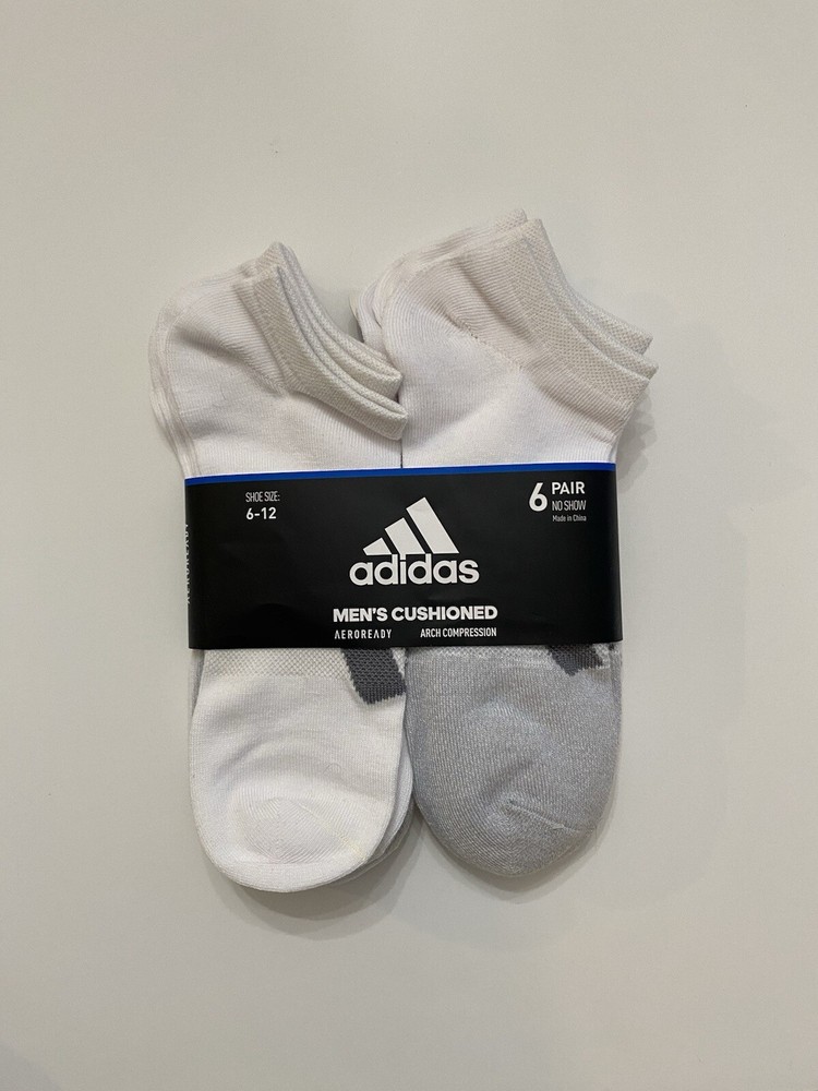 Adidas Men's 6-Pack White Cushioned No-Show Arch Support Socks 6-12