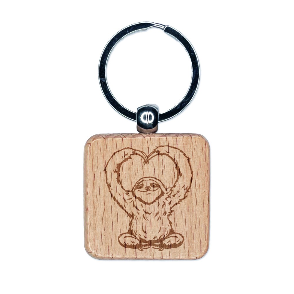 Happy Sloth Heart Arms Wooden Square Keychain Tag Charm Gift Idea