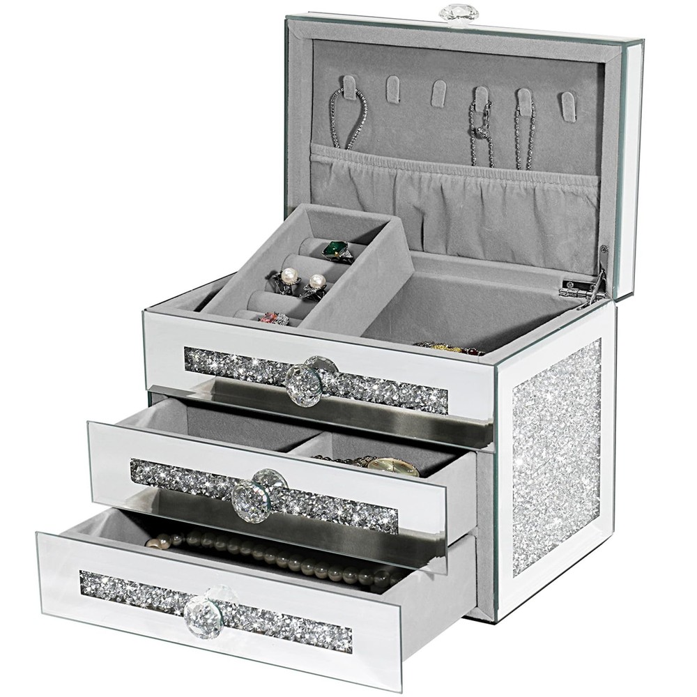 Mirrored Jewelry Box with Lid,3-Tier Jewelry Storage Organizer with 2 Drawers...
