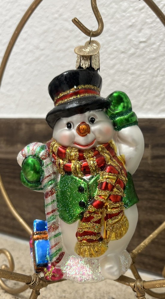 Old World Christmas, 5” Candy Cane Snowman, Hand Blown Glass