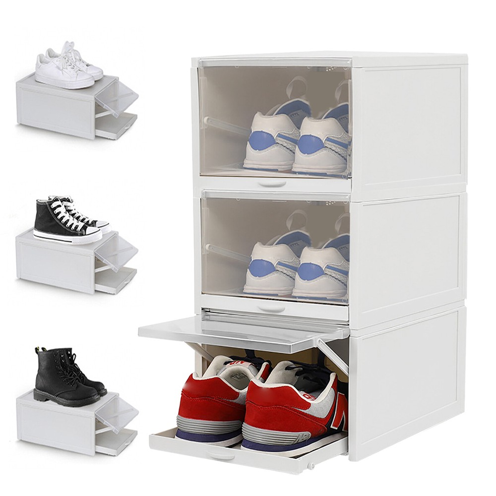 3 Pack Drawer Type Shoe Storage Box Clear Plastic Stackable Shoe Organizer