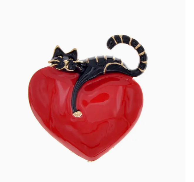 Black Cat Heart Pin Brooch Fashion Jewelry 1.7 Inch Free Fast Shipping
