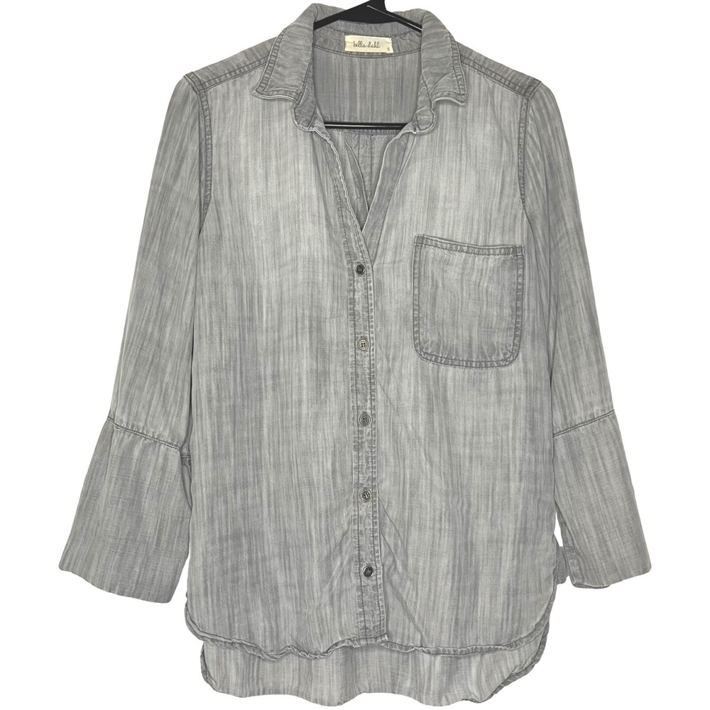 Bell Dahl Womens Small Gray Tencel Rolled Sleeve V-Neck Button Down Shirt