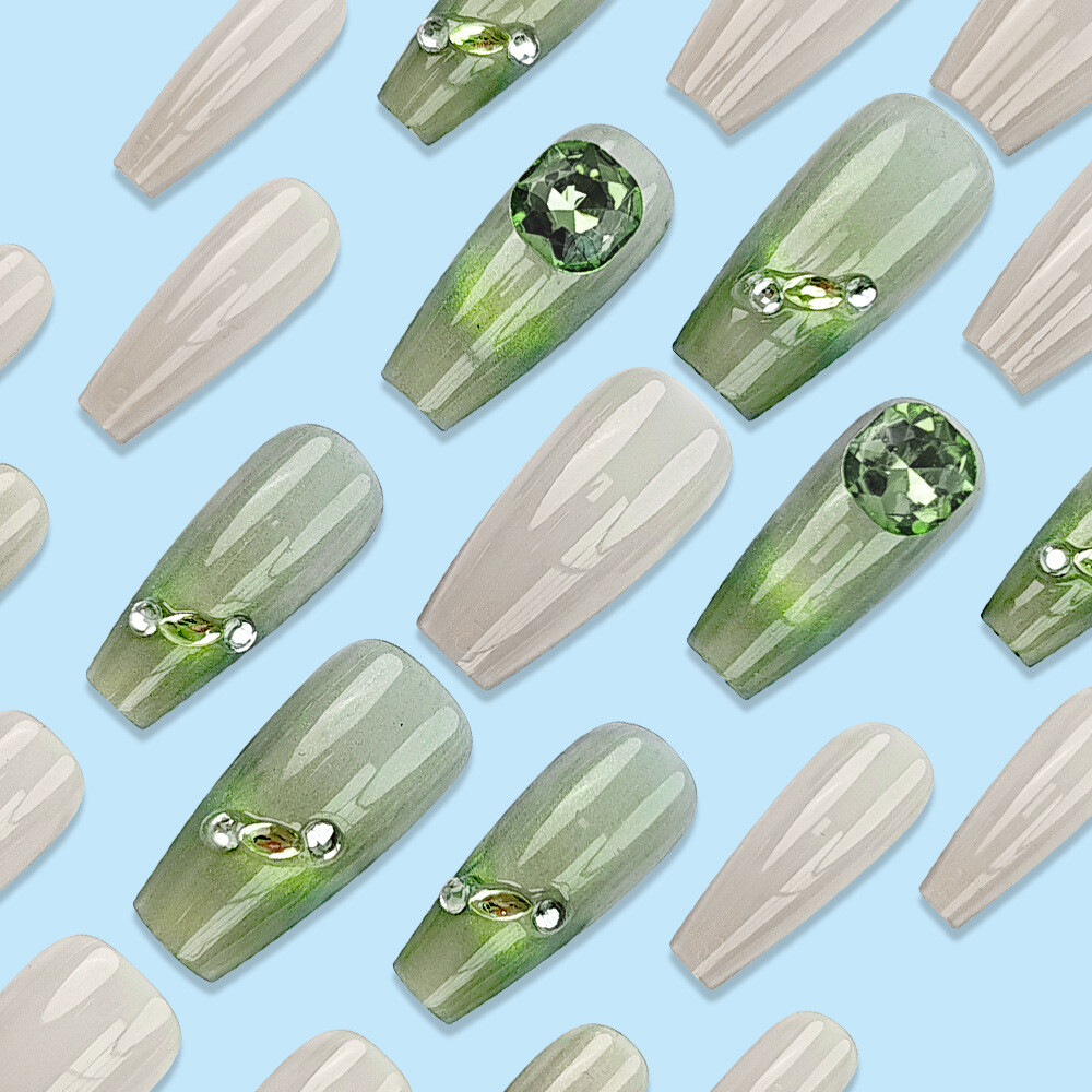 Medium Green Cat's Eye Coffin Press-On Nails with French Tips & Diamonds 24pcs