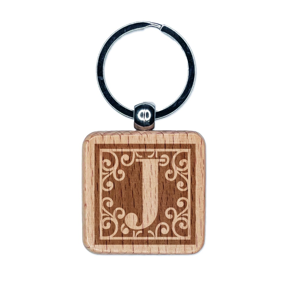 Monogram Swirls Capital Letter J Engraved Wood Square Keychain Tag Charm