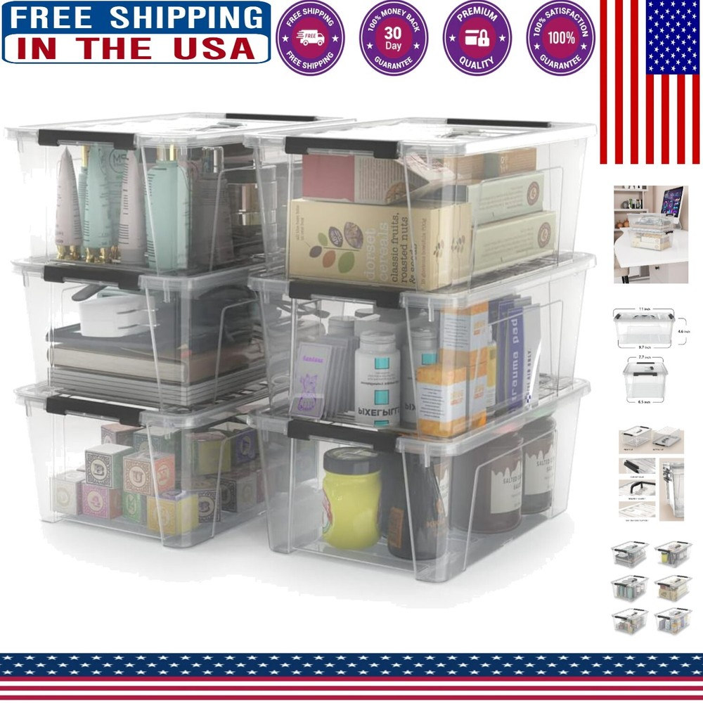 Compact 5-Quart Clear Storage Bins with Lids & Handles, 6-Pack for Home Organization