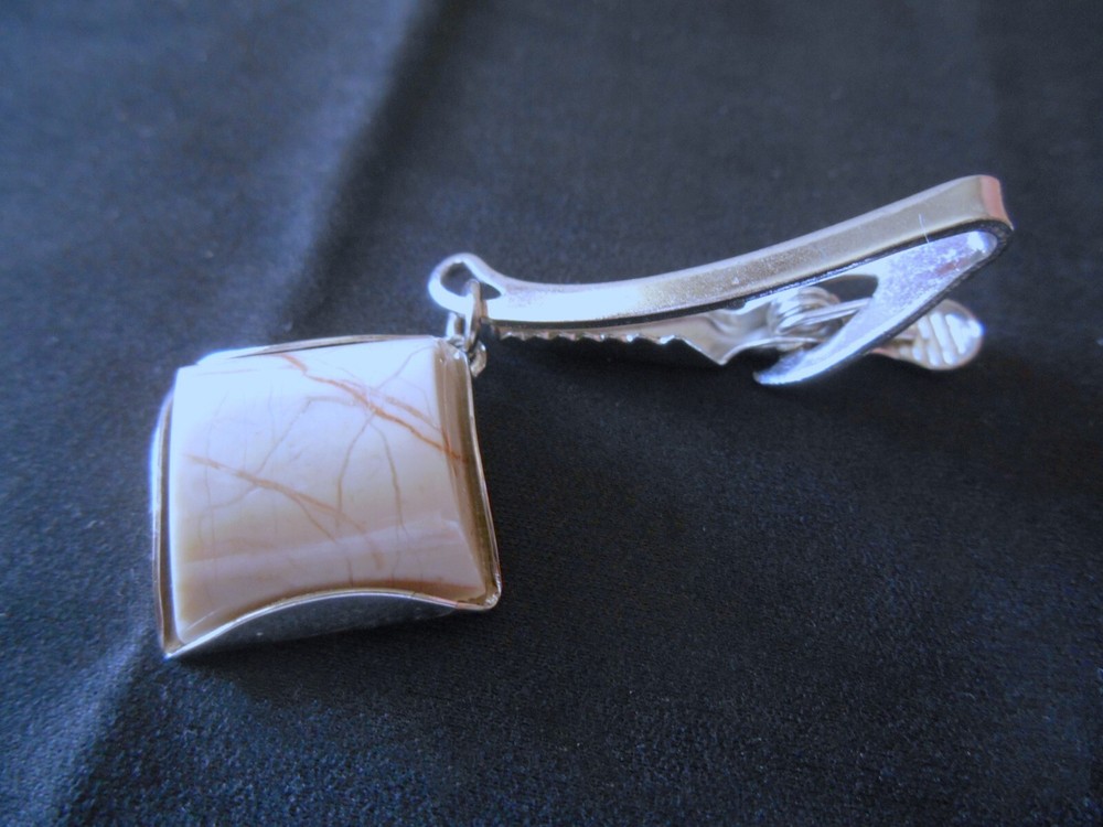 Men's Silvertone Beige Gemstone Tie Bar Clip