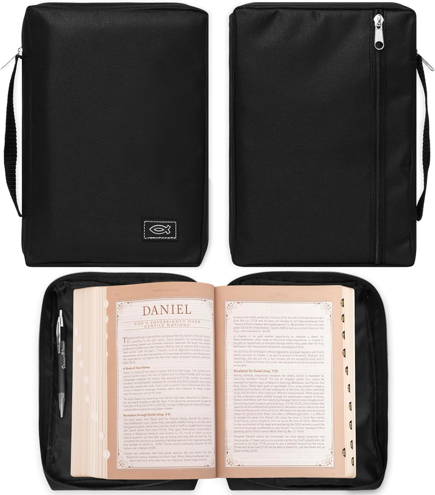 Bible Cover for Men/Women Jesus Fish Black Canvas Small Christian Art Gift