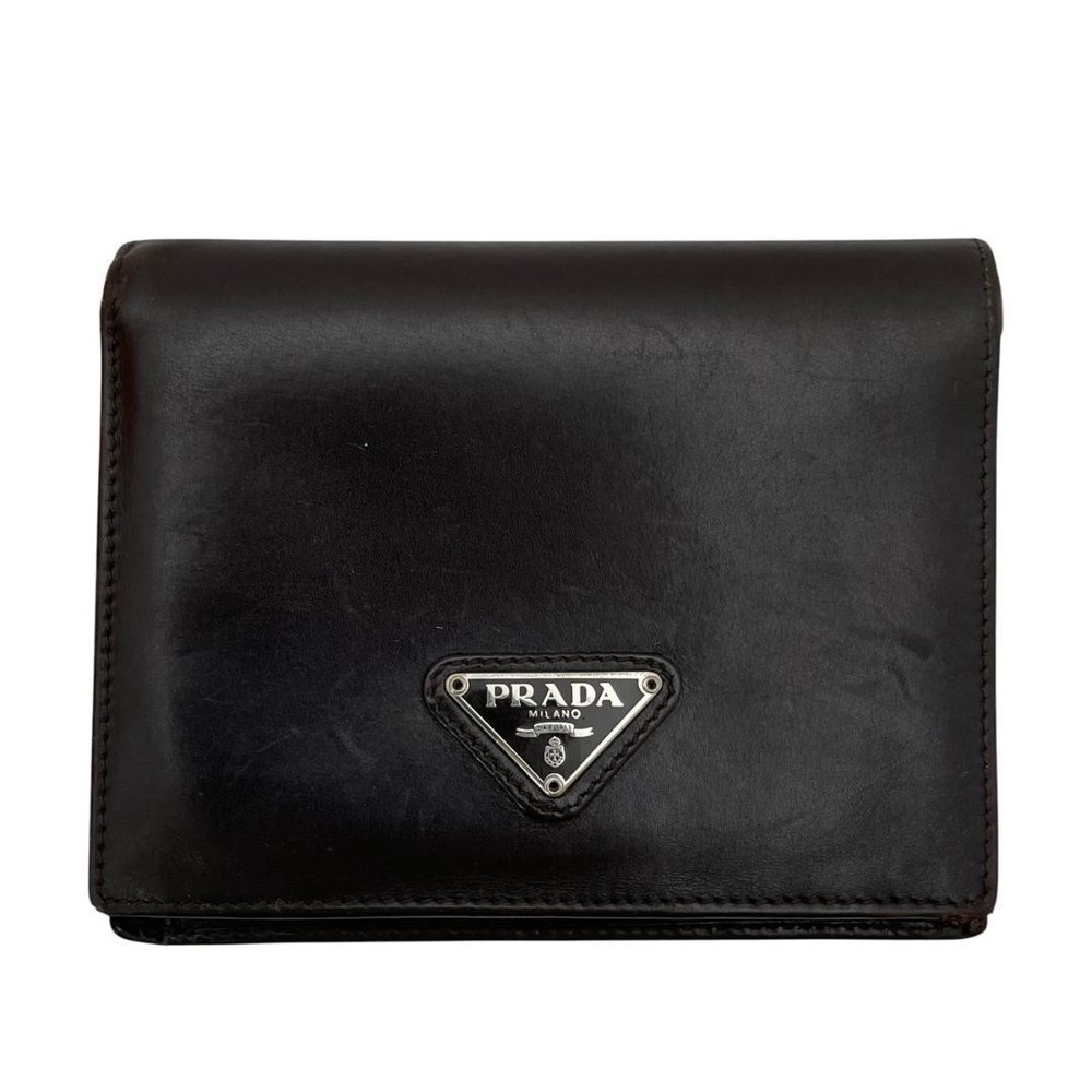Prada Tri-Fold Leather Wallet Dark Brown with Triangle Logo Pre-Owned Authentic