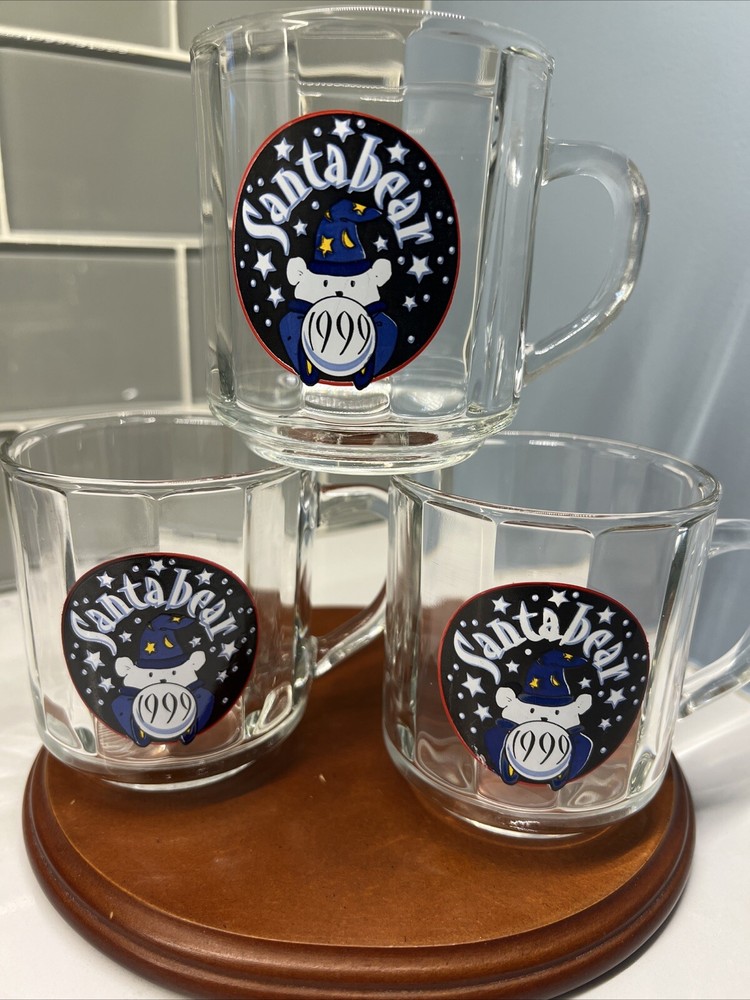 3 Vintage 1999 Marshall Field’s Santa Bear Luminarc Glass Mugs 3.5 Inch