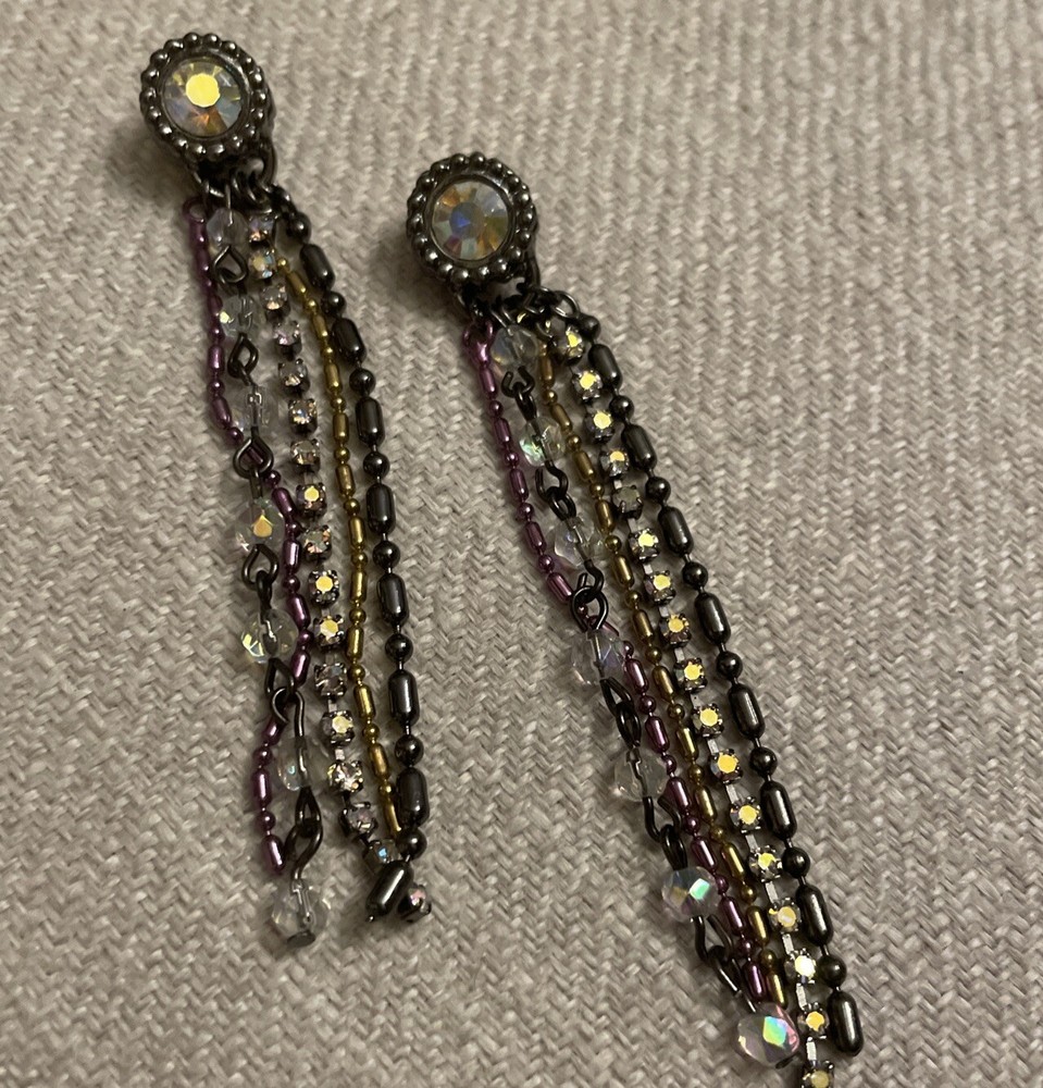 Vintage Retro Aurora Borealis Crystal Cup Chain Fringe Drop Earrings Long