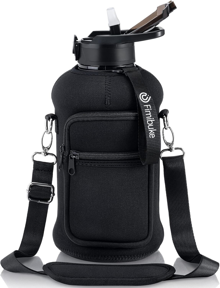 Botella de agua de medio galón con funda botella de agua de 64 OZ con mango y fuga de pajita