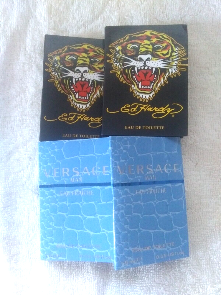 Men's Eau de Toilette Sample Lot~2 Versace Man Eau Fraiche 2 Ed Hardy .05 oz ea